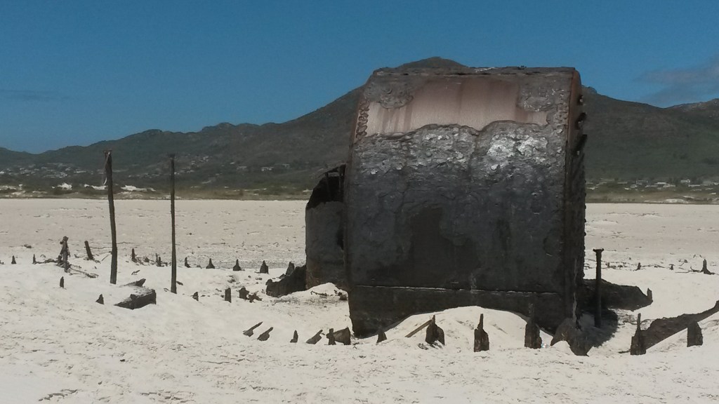 A close-up view of the rusty remains of the boiler, February 2014. 