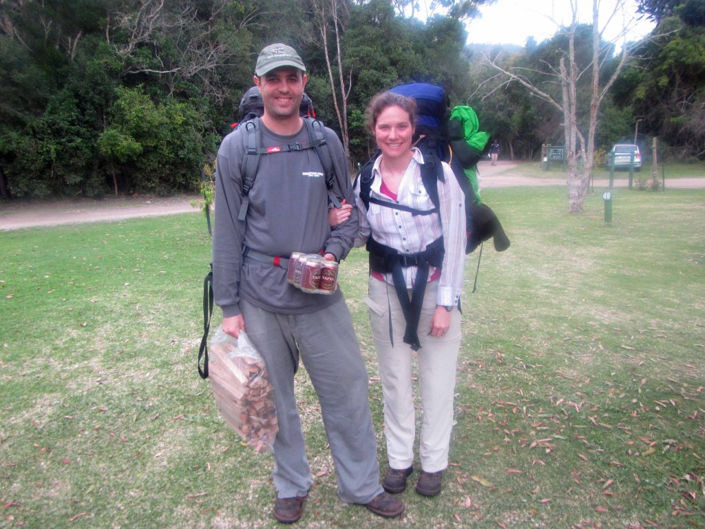 Jackie and I at the start of the hike. Jackie carried in firewood and beer for the first night. Fortunately, we only had to hike 3.6 km the first day!
