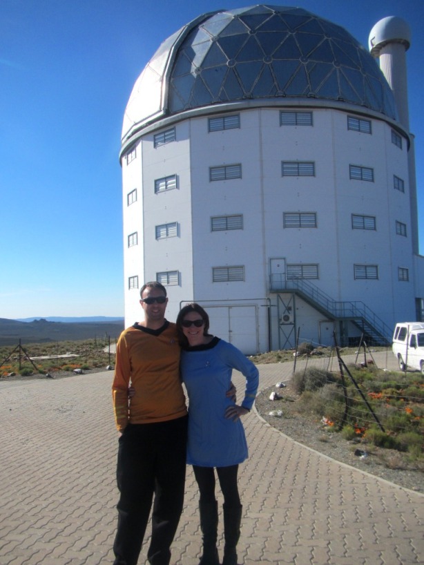 My husband Jackie and I in Star Trek: The Original Series uniforms in front of the SALT telescope. 