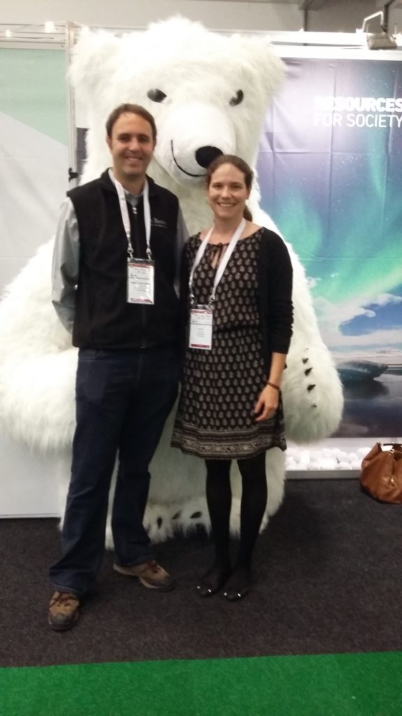IGC Exhibition Hall #5. My husband Jackie (also a geologist!) and I posing with the polar bear. 